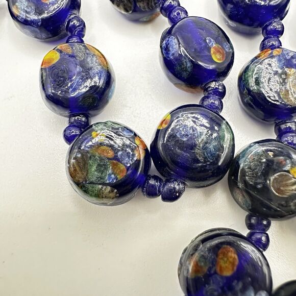 Art Glass Necklace Cobalt Blue Speckled Pressed Disc Style and Seed Beads 20" - Picture 7 of 10